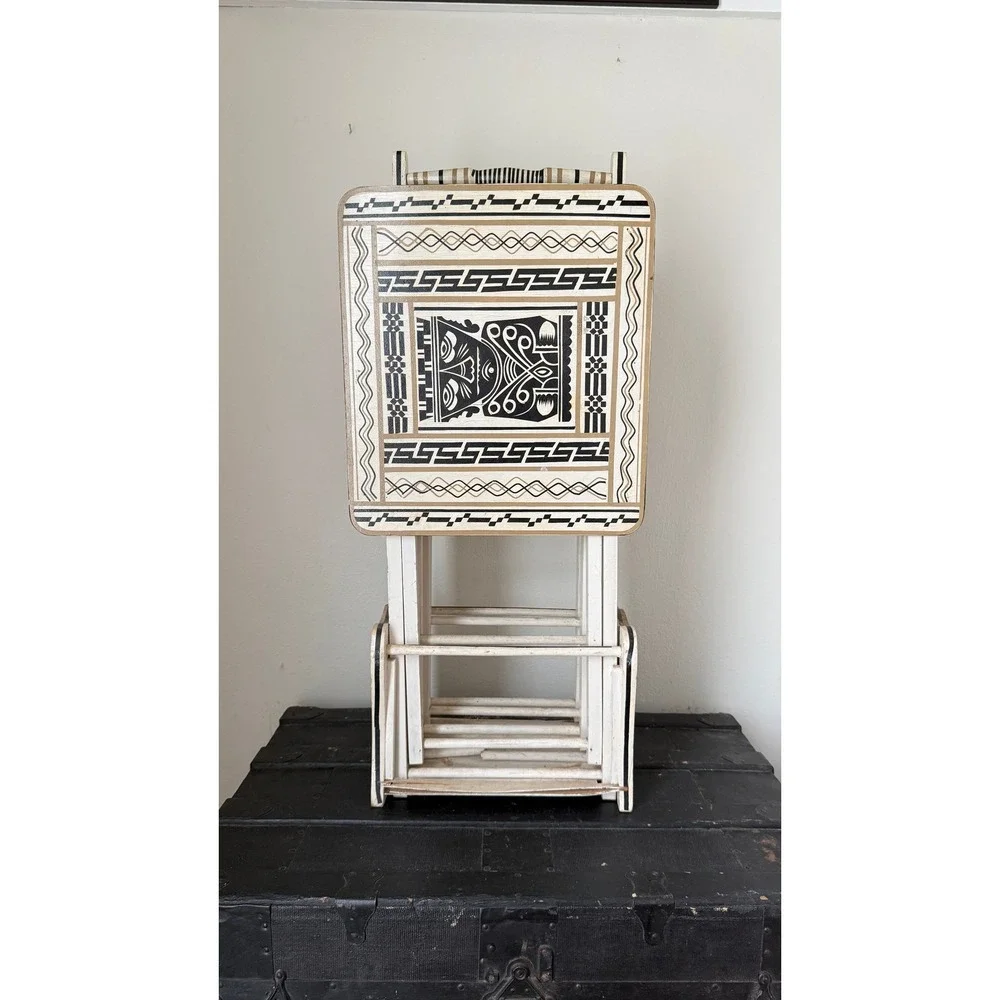 Vintage Polynesian Folding TV Tray Set Storage Stand MCM Folk Colonial Maori Art